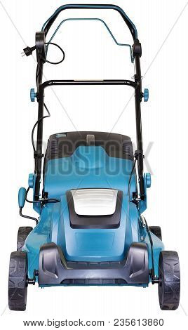Electric Mower On Wheels Turquoise Colour With A Bag Of Grass Collector Isolated On White Background