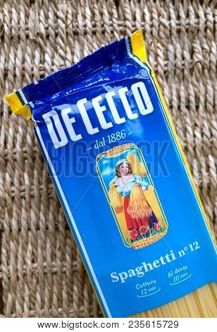 Bracknell, England - April 11, 2018: Part View Of An Unopened Packet Of De Cecco Spaghetti. The De C