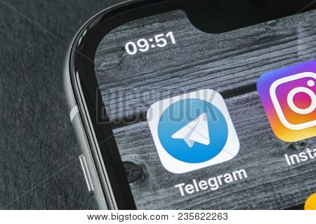 Sankt-petersburg, Russia, April 11, 2018: Telegram Application Icon On Apple Iphone X Screen Close-u