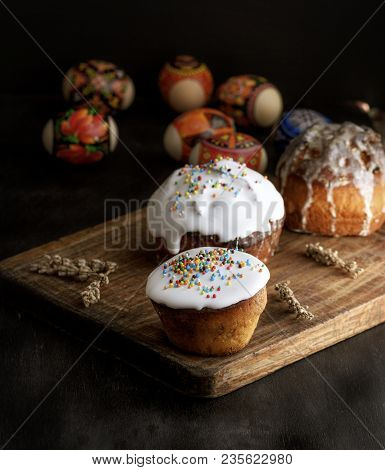 Raditional Easter Baking Of Ukraine On A Brown Wooden Board, Vintage Toning