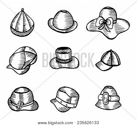 A Set Of Hand Drawn Hats. Vector Illustration.