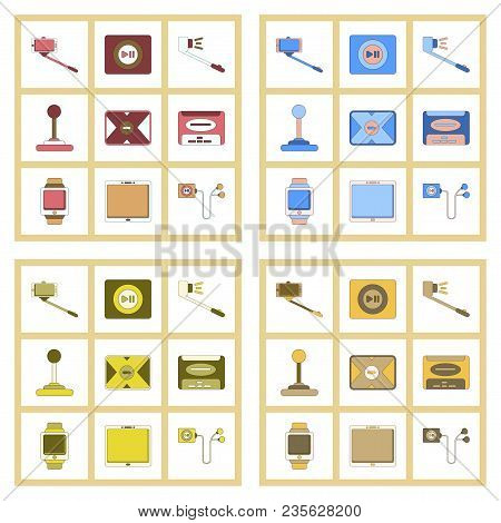 Assembly Of Flat Icon Smartphone Selfie Stick Game Joystick Music Player Tablet Gadget Digital Watch