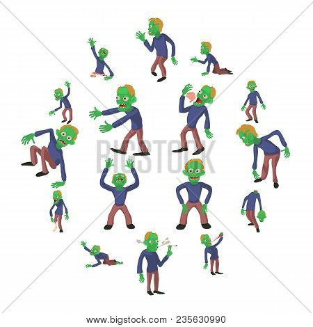 Zombie Poses Icons Set. Cartoon Illustration Of 16 Zombie Poses Vector Icons For Web