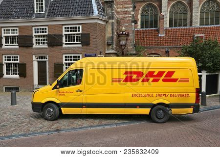 Amsterdam, Netherlands - July 10, 2017: Dhl Express Van In Amsterdam, Netherlands. Dhl Is A World Ma