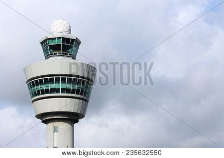 Amsterdam, Netherlands - July 11, 2017: Air Traffic Control Tower In Schiphol Airport, Amsterdam. Sc