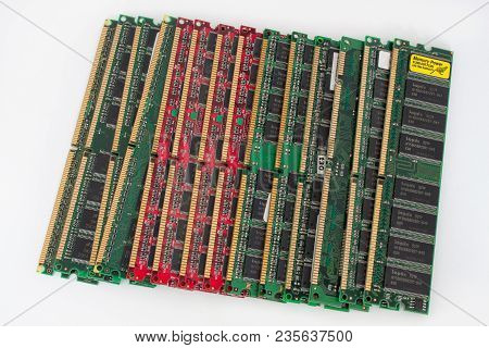 Russia, Izhevsk - February 27, 2017: Group Of Fourteen Computer Ddr Memory Modules. Isolated On A Wh