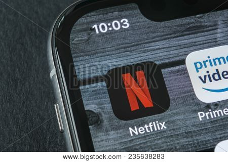 Sankt-petersburg, Russia, April 11, 2018: Netflix Application Icon On Apple Iphone X Screen Close-up