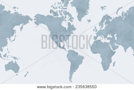 World Map Centered On America, Abstract Blue Vector World Map.
