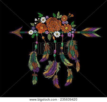 Embroidery Boho Native American Indian Arrow Feathers Flowers. Clothes Ethnic Tribal Fashion Design 
