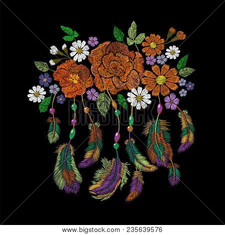 Embroidery Boho Native American Indian Feathers Flowers Arrangement. Clothes Ethnic Tribal Fashion D
