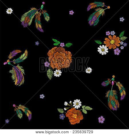 Embroidery Boho Native American Indian Feathers Flowers Arrangement. Clothes Ethnic Tribal Fashion D