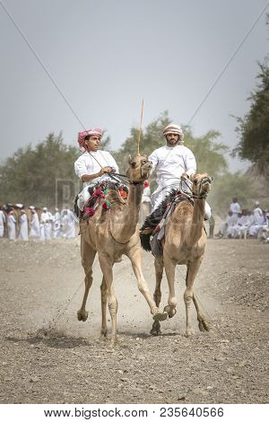 Ibri, Oman, April 7th, 2018: Omani Men Racing In A  Camel Race At A Countryside