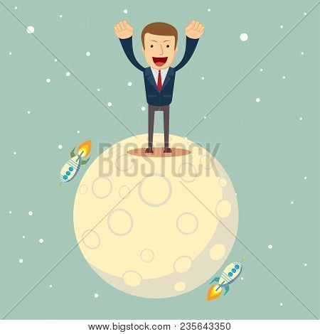 A Man In A Business Suit Conquered The Moon. Start Up Business Concept. Stock Flat Vector Illustrati