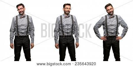 Middle age man, with beard and bow tie making funny face fooling