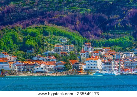 Seafront View At Coastal Town Podstrana In Dalmatia Region, Croatia.