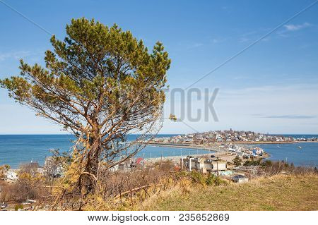 View Of The Hull Peninsula, Massachusetts. Ocean Gulf And Shore With Houses