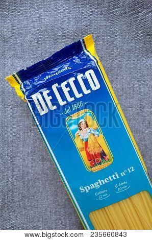 Bracknell, England - April 11, 2018: Part View Of An Unopened Packet Of De Cecco Spaghetti. The De C