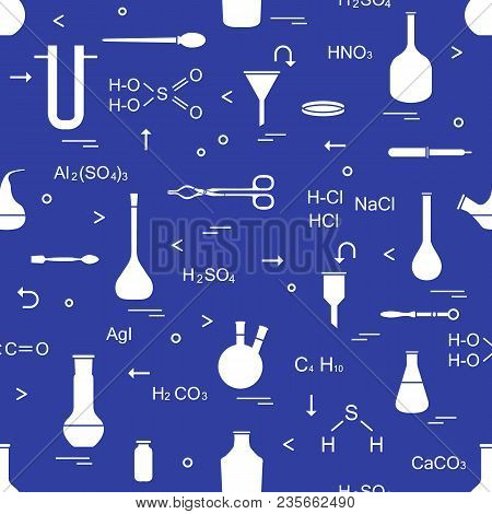 Pattern With Chemical, Biological, Scientific, Education And Research Elements: Flasks, Formulas, Be