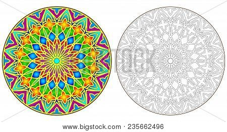 Colorful And Black And White Pattern Of Gothic Rose Window, Vector Cartoon Image.