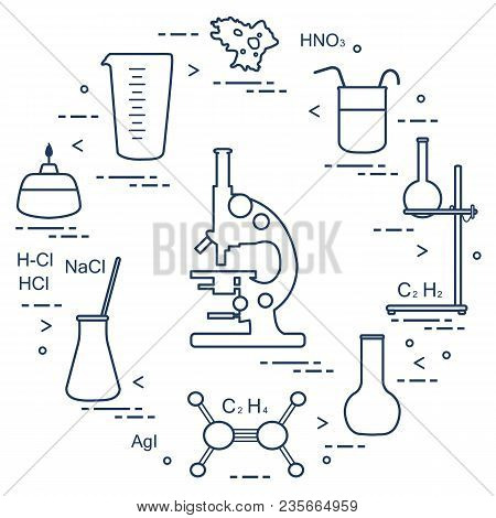 Chemistry Scientific, Education Elements: Microscope, Flasks, Tripod, Formulas, Beaker, Burner, Amoe