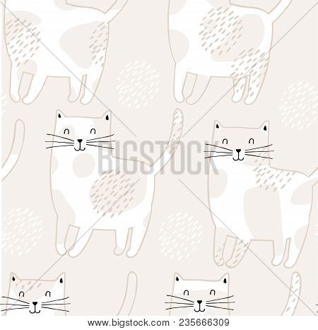Cute Cats Seamless Pattern. Spotted Cats On A Yellow Background. Perfect For Kids Design, Fabric, Wr