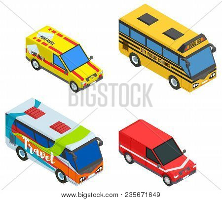 Set Isometric Cars And Buses Stock Vector Image Illustration