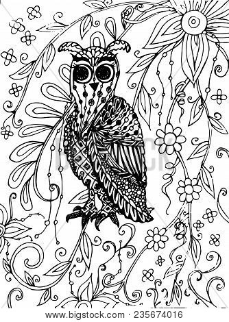 Zentangle Style Owl On Flower Background Monochrome Sketch, Coloring Page Antistress Stock Vector Il