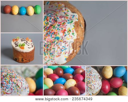 Easter Cakes And Colored Eggs On A Basket Collage