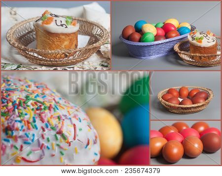 Easter Cakes And Colored Eggs On A Basket Collage