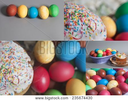Easter Cakes And Colored Eggs On A Basket Collage
