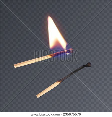 Realistic Matches, Lighted Match And Burned Match. Vector Eps 10 Illustration On Dark Background