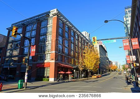 Vancouver - Nov 11, 2014: Historic Buildings On Davie Street At Mainland Street In Yaletown In Vanco