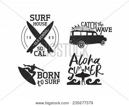 Vintage Old School Surf Label Set Isolated Over White, Summer Time Vacation Typography Quotes With B