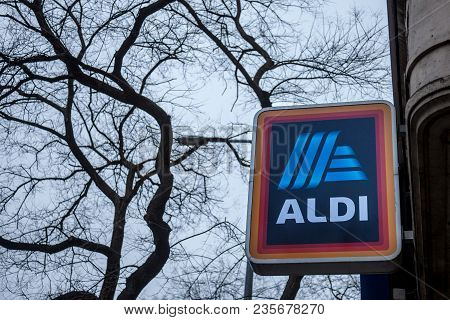 Budapest, Hungary - April 7, 2018: Aldi Logo On One Of Their Shops For Hungary. Aldi Is A German Dis