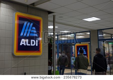 Budapest, Hungary - April 7, 2018: Aldi Logo On One Of Their Shops For Hungary. Aldi Is A German Dis