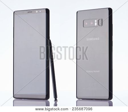 New York, Usa - April 11, 2018: Diffrent Views Of Black Samsung Galaxy Note 8 Isolated On White Back