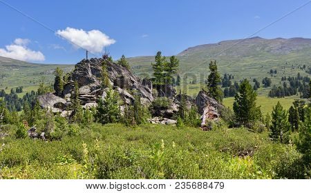 Pile Of Boulders On The Slope Of The Altai Krai Mountains.