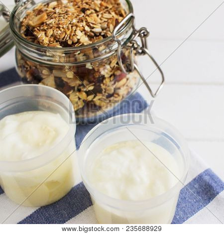 Homemade Granola Dried Fruits Oatflakes Wooden Table.