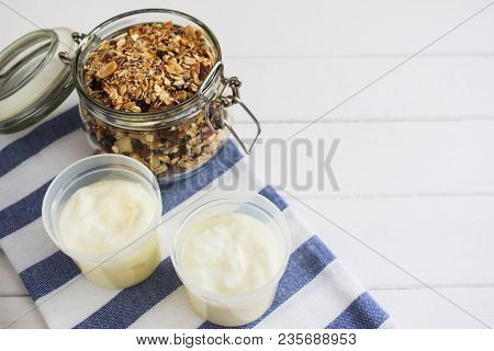 Homemade Granola Dried Fruits Oatflakes Wooden Table.