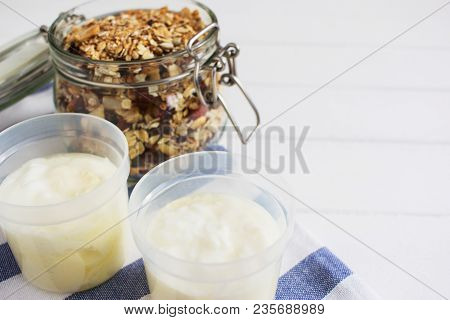 Homemade Granola Dried Fruits Oatflakes Wooden Table.