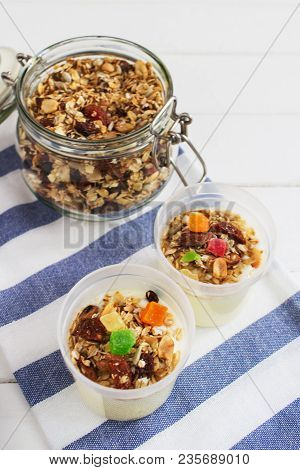 Homemade Granola Dried Fruits Oatflakes Wooden Table.
