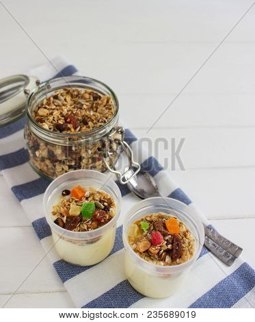 Homemade Granola Dried Fruits Oatflakes Wooden Table.