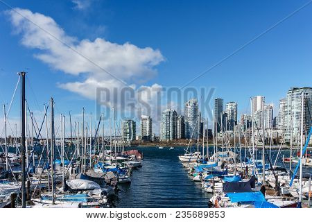 Vancouver, Canada - February 25, 2018: False Creek In Vancouver Canada At Sunny Winter Day