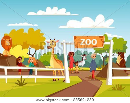 Zoo Vector Illustration Or Petting Zoo Cartoon Design. Open Zoo Wild Animas And Visitors Family With