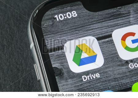 Sankt-petersburg, Russia, April 11, 2018: Google Drive Application Icon On Apple Iphone X Screen Clo