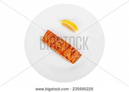 Fish, Trout, Keta, Pink Salmon, A Piece, Baked, Fried Over An Open Fire, With A Slice Of Lemon. Appe