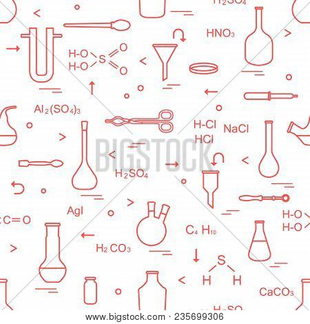 Pattern With Chemical, Biological, Scientific, Education And Research Elements: Flasks, Formulas, Be