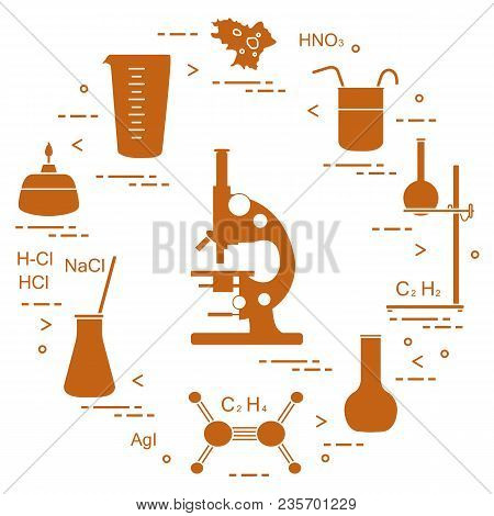 Chemistry Scientific, Education Elements: Microscope, Flasks, Tripod, Formulas, Beaker, Burner, Amoe