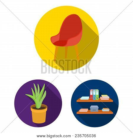 Interior Of The Workplace Flat Icons In Set Collection For Design. Office Furniture Vector Symbol St