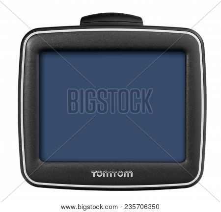 Tomtom Gps Car Navigation With Handle. Black Electronic Map Device.